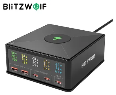 Produktbild von BlitzWolf 160W 5-Port USB PD Tischladegerät Dual USB-A QC3.0 + Dual PD65W Typ-C + 65W Typ-C PD3.0 mit 15W 10W 7,5W 5W kabellosem Schnellladegerät
