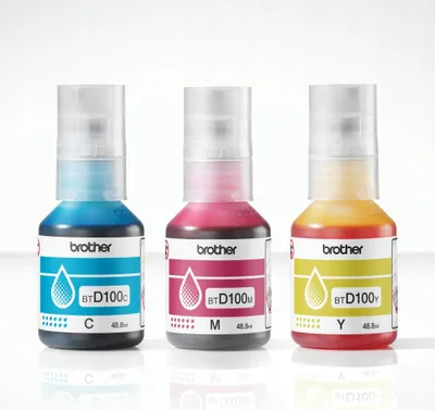 Produktbild von Brother BTD100CL Value Pack - 3er-Pack - mit hoher Kapazität - Gelb, Cyan, Magenta - original - Hängebox - Nachfülltinte - für Brother DCP-T530DW, DCP-T730DW, MFC-T930DW