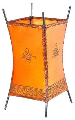 Imagen del producto de Lámpara oriental, lámpara de henna, lámpara de cuero marroquí, lámpara de mesa, lámpara de pie. "Carré Soleil" de 30 cm: color naranja