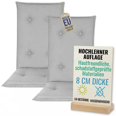 Produktbild von Pillows24 - 2x Hochlehner Auflagen 120x50x8 cm | Gesteppte Wetterfeste Gartenstuhlauflagen | Polster Sitzkissen für  Gartenmöbel |   EU | Grau