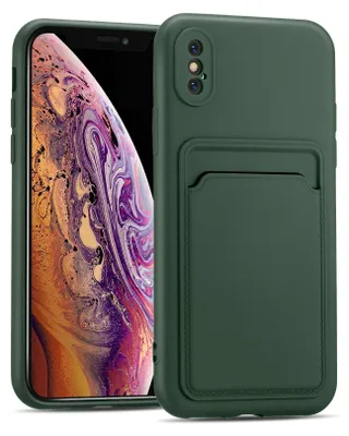 A dark green phone case with a card slot is shown next to an iPhone.