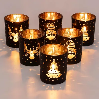 Produktbild von Schwarze Glas Weihnachts Teelichthalter Set - Tischdekoration Xmas Kerzenhalter - Kamin Wohnkultur - 6 Stück