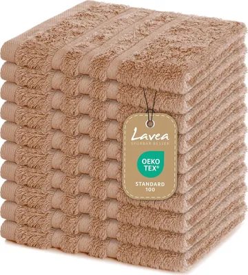 Produktbild von Lavea® 10er Set Seiftuch 30x30 cm – Hochwertige Gästehandtücher 30x30 100% Baumwolle, Elena – Saugstark, Waschbar und Strapazierfähig - Cappuccino