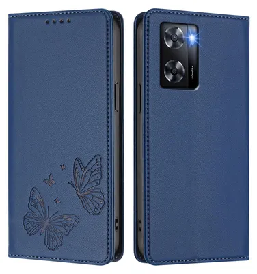 Image de Étui en cuir pour Oppo A57e/A57s/A57 4G/A77s/A77 4G, motif papillon en relief, étui portefeuille à rabat avec support, bleu foncé