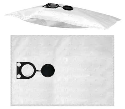 Two views of a white vacuum cleaner bag with a black plastic fitting.