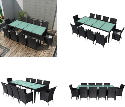 Produktbild von vidaXL 11 tlg. Garten Essgruppe mit Auflagen Poly Rattan Schwarz - Gartenmöbel-Set - Gartenmöbel-Sets - Gartentisch Und Stühle - Gartentische Und Stühle