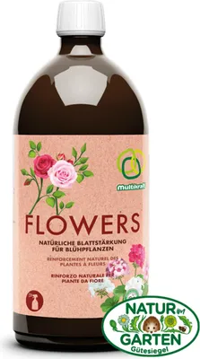Produktbild von Multikraft Blumengold 1 L, Mehrnährstoffdünger, Mehrnährstoffdünger, Flüssigkeit (Konzentrat), Zierpflanze, Wasser, Milchsäure- und Photosynthesebakterien, Kohlenwasserstoff verarbeitende Bakterien, Hefen,..., 20 ml auf 1 Liter Wasser. Die Pflanzen einmal pro Woche frühmorgens mittels Sprühflasche satt...