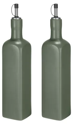 Produktbild von SCHÖNER WOHNEN-Kollektion Öl- und Essigspender Mod. OLIVIA 2er Set spülmaschinenfest aus Keramik mit Edelstahl Ausguss für Küche 0,6 l Grün 6,5 x 30,5 x 6,5 cm