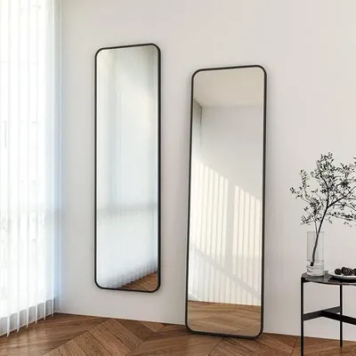 Obrázek produktu pro Zrcadlo na celý obličej, nástěnné, rozměry 40x160 cm, černé, kovový rám, obdélníkový stojací zrcadlo, zaoblené rohy, vhodné pro šatnu, ložnici, obývací pokoj a koupelnu