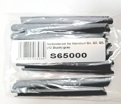 A clear plastic bag containing multiple gray profile connectors for a pool handrail.