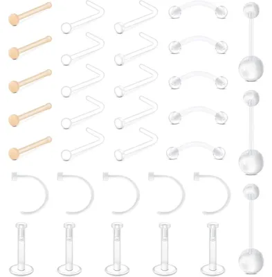 Immagine prodotto di Kit per piercing del corpo, 33 pezzi, in plastica trasparente/acrilico, per naso, labbro, ombelico, elice e tragus