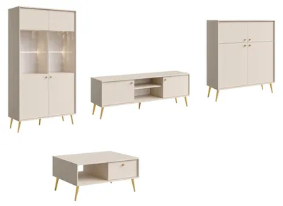 Productafbeelding van Woonkamer set "Rose": Woonwand, verkrijgbaar in verschillende uitvoeringen. Bestaande uit: 1 vitrinekast, 1 lage kast, 1 hoge kast, 1 salontafel, kleur: zandbeige
