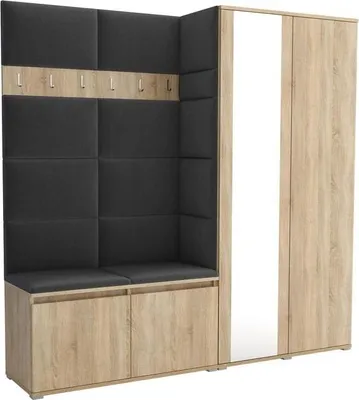 Produktbild von Garderoben-Set Noris IV mit Spiegel, gepolsterte Garderobe mit Sitzbank, Wandpaneelen und Stauraum (Farbe: Sonoma Eiche + Trinity 15)