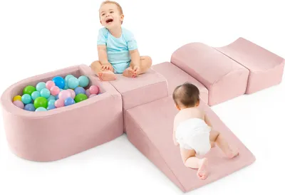 Produktbild von GOPLUS Schaumstoffbausteine ohne Ozeanbälle, 5-teiliges Softbausteine mit Wildlederbezug, Hochdichtes Schaumstoff, Weiche Riesenbausteine, Rosa