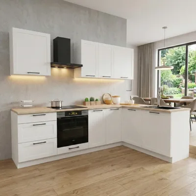 Produktbild von Küchenzeile - Küche L Form - 260x170 cm - Weiß Matt - mit beiger Arbeitsplatte - MDF - Küchenmöbel - ADELE