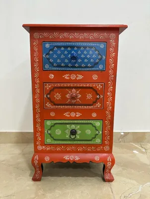 Produktbild von Kommode mit Schubladen Indien Nachtkonsole Schrank Schränkchen Schubladenschrank Rot Bunt Cowo 75 cm