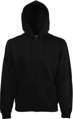 A black zip-up hooded jacket is shown against a white background.