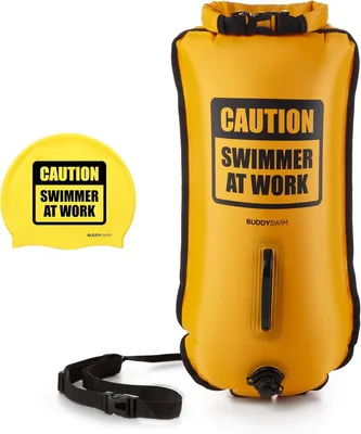 Zdjęcie produktu dla Buddyswim – boja pływacka Drybag 28 litrów, boja ratunkowa, boja do pływania na otwartych wodach, czepek pływacki