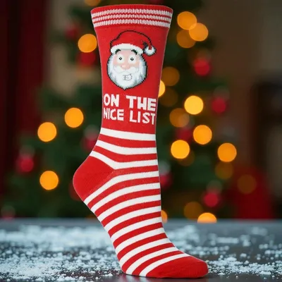 Produktbild von Rote Weihnachtssocken mit Weihnachtsmann und Text "On the Nice List" - Größe 38-45