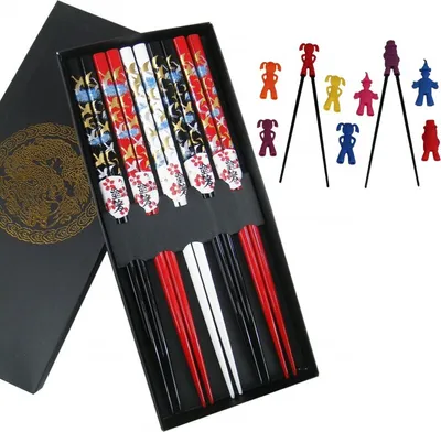Produktbild von [ 5 Paar ] Essstäbchen Geschenkset [ Design KRANICH ] + 1 Essstäbchen-Helfer