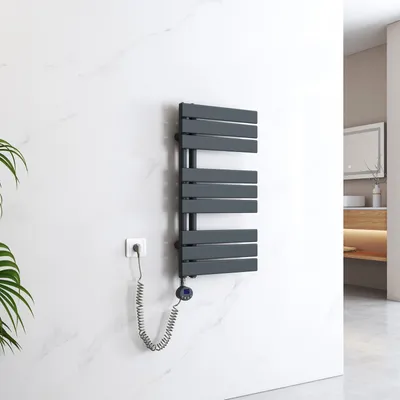 Zdjęcie produktu dla EMKE Suszarka do ręczników Elektryczny asymetryczny grzejnik łazienkowy z termostatem czasowym Podgrzewacz ręczników 762 x 400 mm Antracytowy grzejnik łazienkowy z prętem grzewczym 400 W