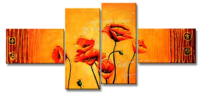 Produktbild von Visario Leinwandbild Rote Mohn Blüten 160x70 cm – 4-teilig, Bild Wandbild Kunstdruck, aufhängfertig, Echtholzrahmen, Zackenaufhänger, Art. 6520