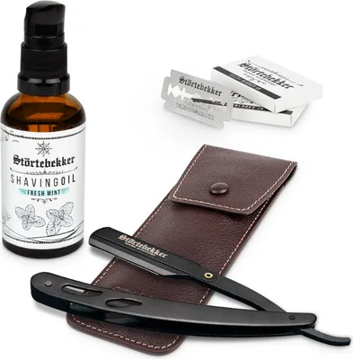 Produktbild von Störtebekker Konturen Set - Rasiermesser Edelstahl Schwarz – mit handgefertigtem Lederetui Café - Rasierset / Bartpflege Set Herren, Geschenkidee