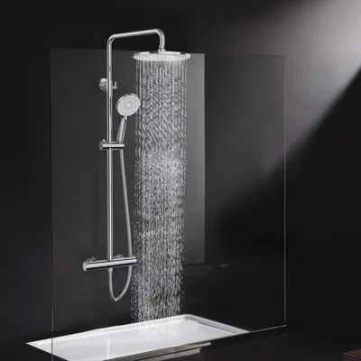 Obrázok produktu pre Sprchový systém s termostatickou zmiešavacou batériou – okrúhla sprchová hlavica s priemerom 25 cm – nastaviteľná výška 92-126 cm