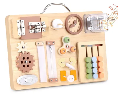 Produktbild von Sensorisches Aktivitätsbrett Lernbrett Busy Board - 16 Spielelemente - Naturholz - Mit Spieluhr - Ab 1 Jahr