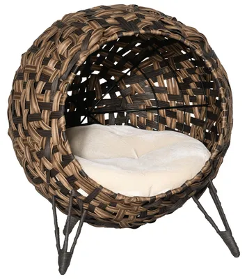 Productafbeelding van PawHut kattenhuis van riet met kussen, kattenbed, kattenhol, bruin
