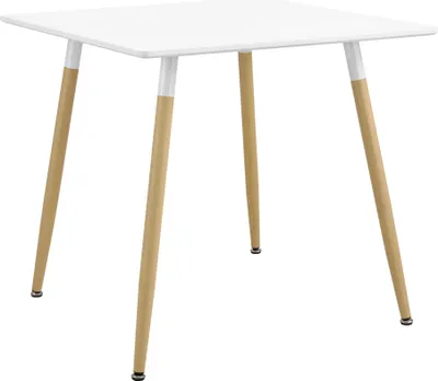 A square white table with four wooden legs on a white background.