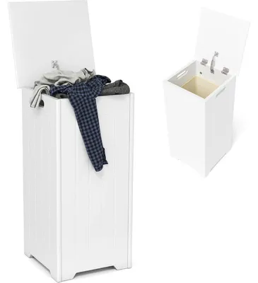 Image de Panier à linge en bois avec couvercle et poche intérieure LK7397, 30 x 30 x 61 cm, 52 l, blanc - B