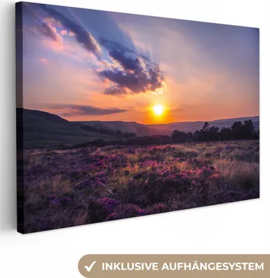 Produktbild von OneMillionCanvasses® - Leinwandbilder - 150x100 cm, Sonnenuntergang in der Heidelandschaft, Wandbilder Kunstdruck Wanddekoration