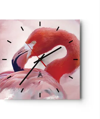 Produktbild von Wanduhr - Quadrat - Glasuhr - Flamingo Vogel Porträt - 30x30cm - Schleichendes Uhrwerk - Lautlos - zum Aufhängen bereit - Dekoration Modern - Wanddekoration aus Glas - C3AC30x30-4984