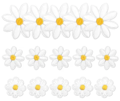 Produktbild von Gänseblümchen-Stickerei-Applikationen - 15 Stück in 3 Größen - Aufnäher für Kleidung Taschen Schuhe Jacken und Jeans