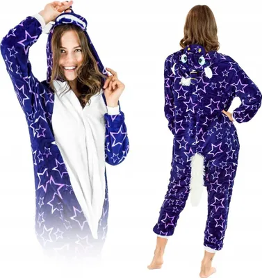 Produktbild von Jumpsuit Onesie für Damen und Herren - Sanft Kuschelig Uni Pyjama - Warme Schlafanzug - Karneval Kostüm - Karnevalskostüm- Größe 158-168 cm M - Einhorn in den Sternen