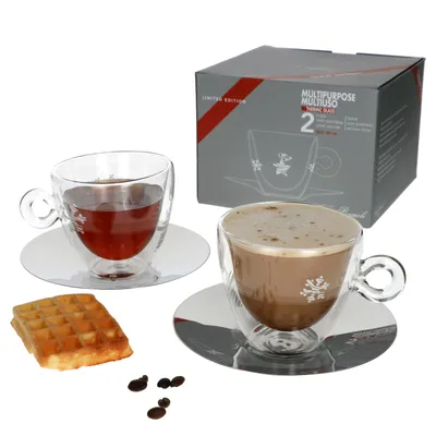 Produktbild von Luigi Bormioli 4tlg. edle doppelwandige Glastasse + Edelstahl-Untersetzer 300ml