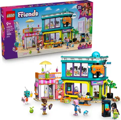 Produktbild von LEGO Friends Comic- und Spieleladen - Modellbau mit funktionierendem Spielzeugautomaten, Slush-Eis-Laden, 4 Minifiguren und Zubehör - Alien und Einhorn - Geschenk für Mädchen ab 9 Jahren - 42674