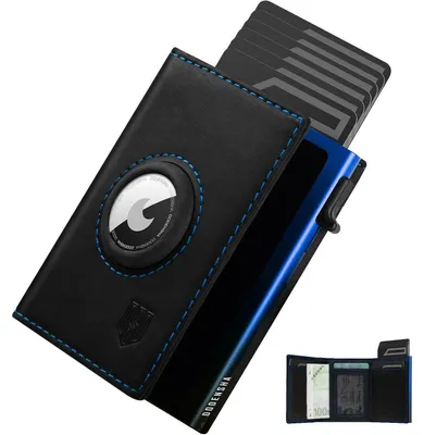 Produktbild von Kartenetui Herren mit AirTag Fach Schwarzblau RFID Schutz Münzfach Pop-up Aluminium