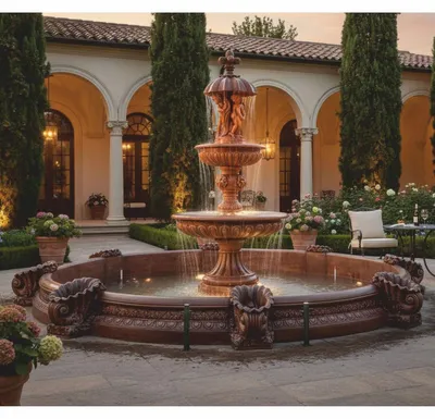 Image de Fontaine Casa Padrino Baroque avec bordure, couleur marron, diamètre 545 cm, hauteur 290 cm. Fontaine de jardin nostalgique, idéale pour les hôtels et la décoration de jardin