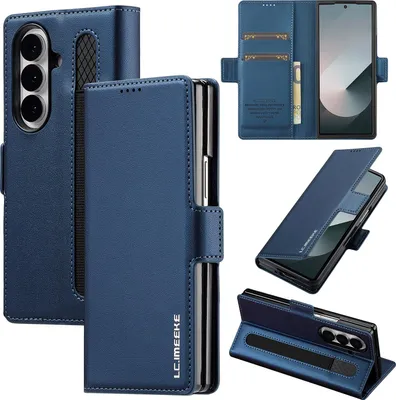 Immagine prodotto di Custodia magnetica in pelle flip per Samsung Galaxy Z Fold 7, con slot per schede e funzione stand Blu
