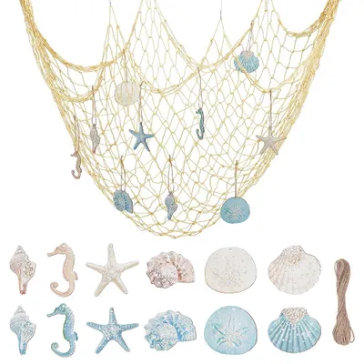 Nautisches Wanddeko-Set, 13-tlg., mit Fischernetz, Holz, Muscheln