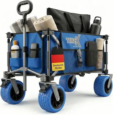 Produktbild von TIREX by Bollerwagen Faltbar PolyurethanXL Rädern aus Vollgummi – Strand & Garten Faltbarer verstellbarem Griff & Fußbremse – Robuster Transportwagen für Kinder & Camping (PU XL Räder, Blau)