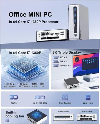 Zdjęcie produktu dla Mini komputer – mikrokomputer stacjonarny – procesor Intel Core i7 13. generacji – 16 GB pamięci RAM DDR5 – dysk SSD o pojemności 512 GB – Wi-Fi 6