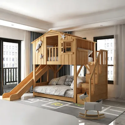 Produktbild von Hausbett Hochbett Spielbett Etagenbett Kinderbett 1500x2000mm Rutschen+Stufen mit Stauraum Birkenholz farbe