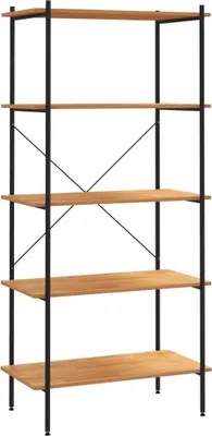 A freestanding bookshelf with a black metal frame and wooden shelves against a white background.