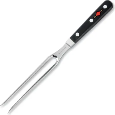 A stainless steel meat fork with a black handle is shown against a white background.