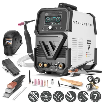 Produktbild von STAHLWERK Schutzgasschweißgerät AC/DC WIG 200 Puls Pro Touch – Vollausstattung – IGBT-Inverter mit 200 A, MMA-Funktion, Puls / Spot, Alu & Dünnblech