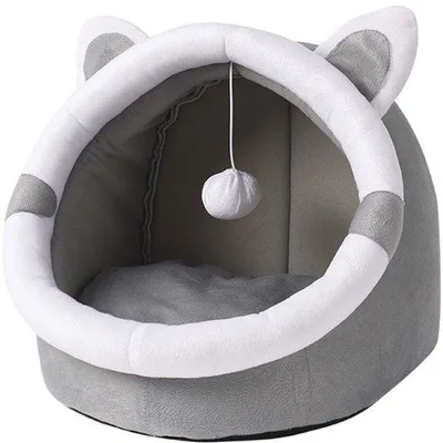 Productafbeelding van Kattenbed, kattenhuis, kattenhol, ontwerp met kattenoren - grijs en wit