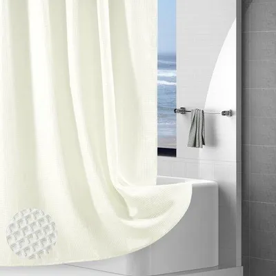 Produktbild von Unyqoos® wasserabweisender Duschvorhang – Waffelstruktur, Beige, 256 g/m² Polyester, transparente Rückbeschichtung, beschwerter Saum, rostfreie Ösen